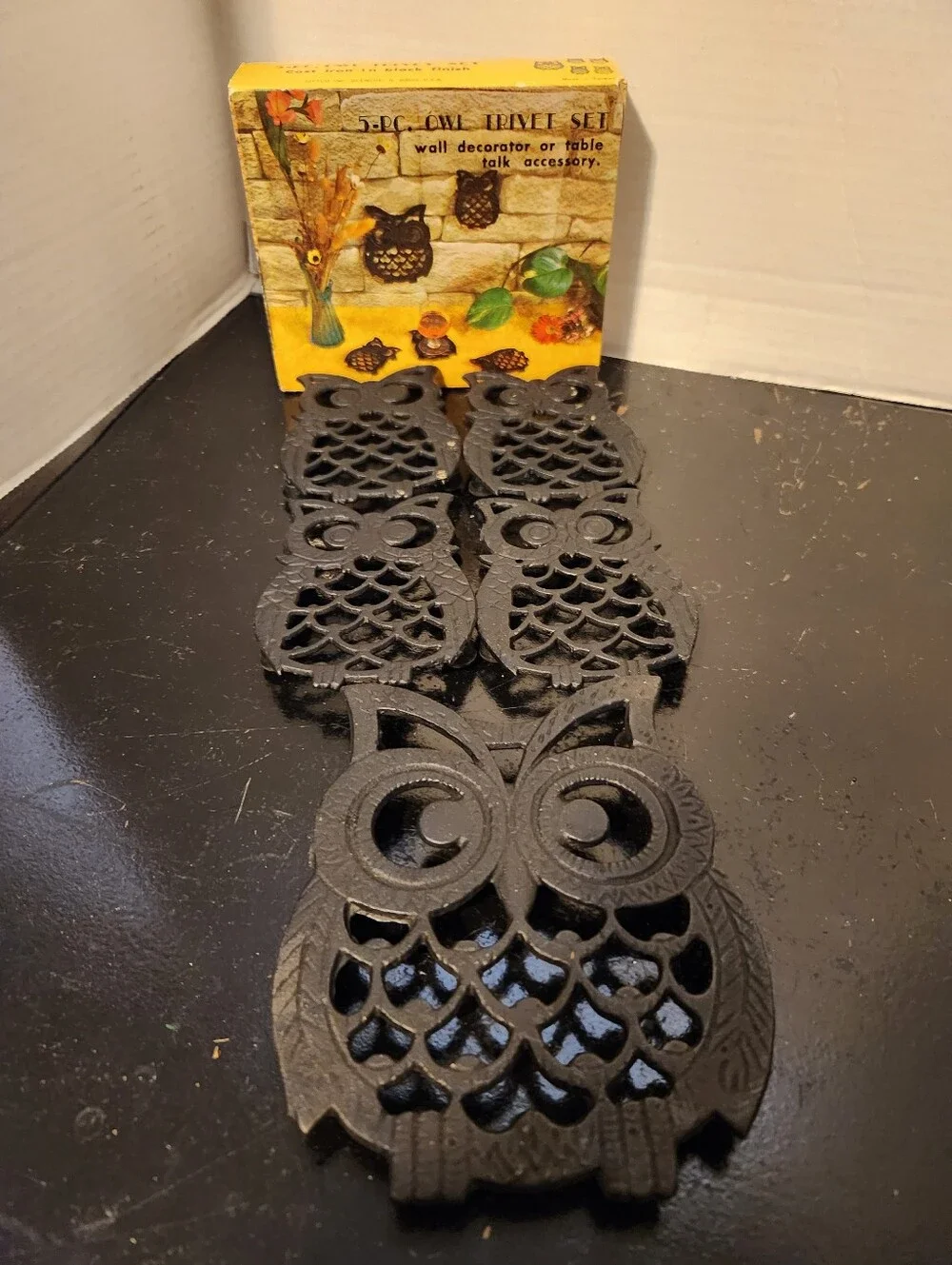 Owl Shape Cast Iron Black Finish Trivet Set 5-Piece Animal Theme